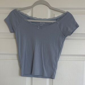 Hollister Women's Soft Blue Lace Trim Off Shoulder Top